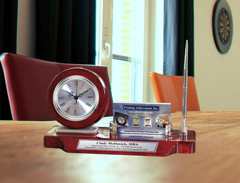 Business Card Holder Clock Display Pen Engrave Plaque Gift Employee Coworker