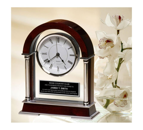 Arch Wood Column Glass Mantel Engraved Desk Clock Employee Gift Anniversary Etch