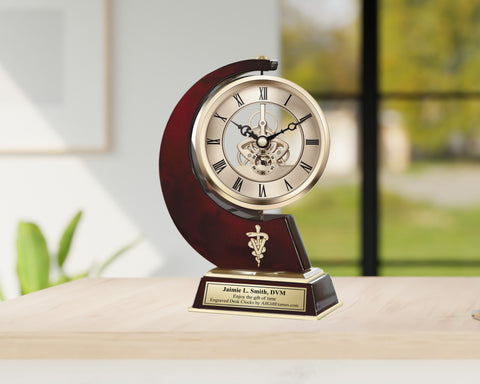 Gold swivel mechanical gear clock veterinarian gift year service award retirement Doctor of Veterinary Medicine student DVM appreciation vet