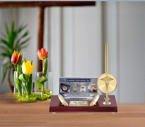 Engrave business card medical caduceus doctor gift registered nurse MD RN etch