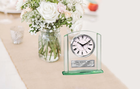 Glass Arch Pillar Engraved Clock Silver Engraving Plate as Anniversary Wedding Retirement Graduation Recognition Award Employee Gift