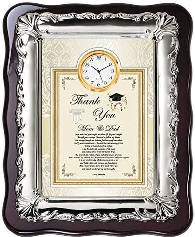 Student Thank You Parents Graduation Gift Ideas for Education School Support - Mother Father Appreciation Mom Dad Thanks Poetry Clock Plaque Chrome Silver Decor Border