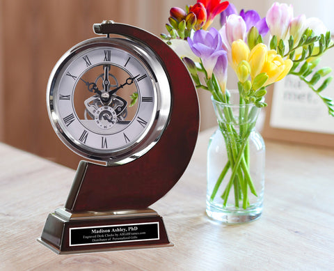 Luxurious Rotating Engineering Gear Display Desk Clock Aluminum Metal Casing Wood Wedding Gift Anniversary Graduation Engineering Retirement