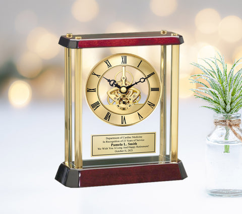 Gold Mantle Clock Awards Retirement Gifts Engraved Personalized Davinci Dial Clock Suspended Glass Cherry Base Anniversary Promotion Service Employee Recognition Award