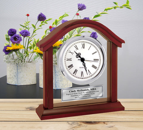 Wooden Arch Silver Clock Glass Anniversary Housewarming New Home Wedding Retirement Desk Employee House Service Award Real Estate Gift