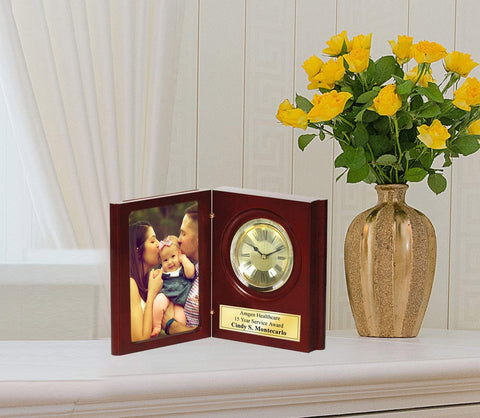 Engraved Desk Gold Clock Personalize 4x6 Photo Picture Custom Gift Retirement Graduation Anniversary Wedding Employee Appreciation Award