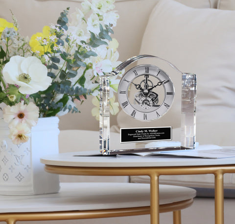 Personalized Gift Award Clock Anniversary Wedding Birthday Crystal Silver Black Plaque Etch Timepiece Table Business Engrave Custom Ideas Engravable