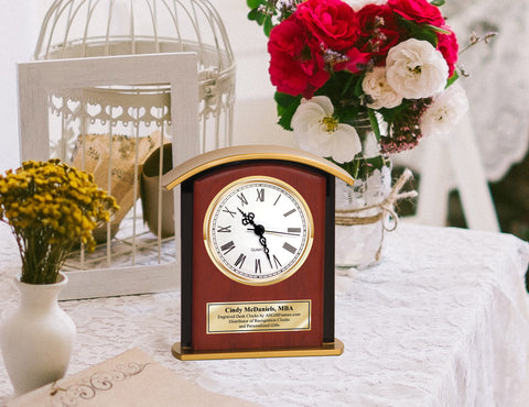 Personalized Clock Arch Gold Engrave Desk Black Glass Border Wood Retirement Service Award Present Gift Appreciation Corporate Housewarming