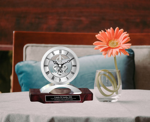Engraved Silver Desk Gear Clock Wooden Base Engraving Plate Retirement Personalize Engineer Service Award Employee Graduation Promotion Gift