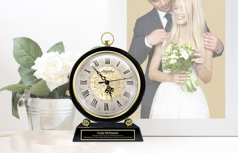 Large Gold Florentine Personalized Clock Gift Engrave Black Pedestal Plaque Anniversary Engravable Present Boss Coworker Birthday Graduation