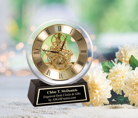 Gold Engravable Inscription Black Engraved Black Glass Base Accent Transparent Clock Custom Gift Idea Time Mantel Customized