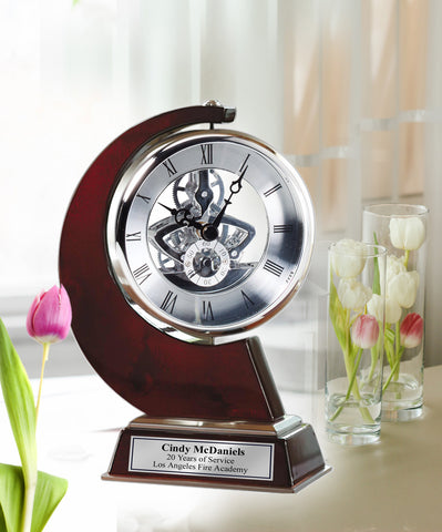 Engraved Personalized Clock Large Gear Da Vinci which Rotates 360 Degrees with Silver Engraving Plate on Wood. Anniversary clock awards