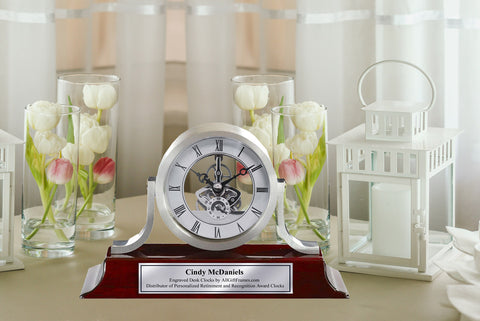 Personalized Brush Silver Mantle Engraved Clock Da Vinci Dial with Silver Engraving Plate executive retirement anniversary birthday