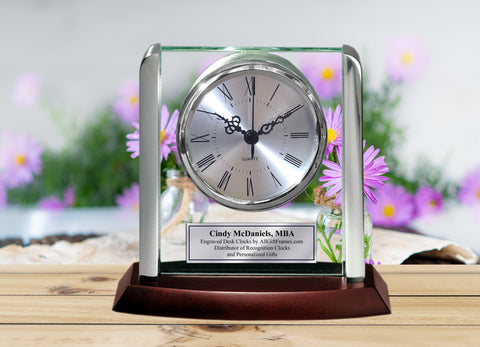 Engraved Clock Silver Post Suspended on Glass Silver Engraving Etched Personalized Retirement Gift Employee Years of Service Award Month