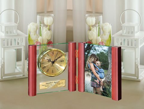 Personalized Clock Glass Book Hinged Wooden Posts with Photo Frame Holds 4x6 Picture Retirement Award Recognition Anniversary Wedding