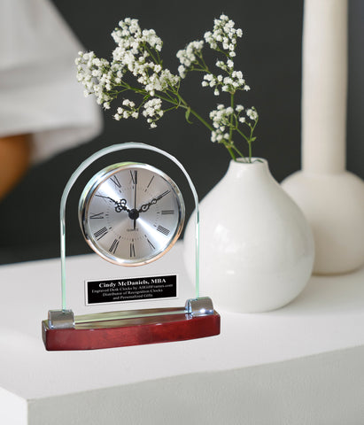 Glass Desk Clock Fused Wood Clear Polished Edges Custom Personalized Black Engraving Desk Table Executive Gift Modern Congratulation Engrave