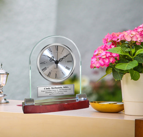 Personalized Desk Clock Beveled Glass Arch Clock with Silver Chrome Accents Shiny Cherry Base Engrave Employee Recognition Retirement Service Award Wedding Anniversary Mantle