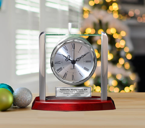 Engraved Employee Recognition Retirement Desk Clock Metal Accents Glass Panel on Cherry Wood Ornamental Timepiece Needle Movement Birthday Wedding