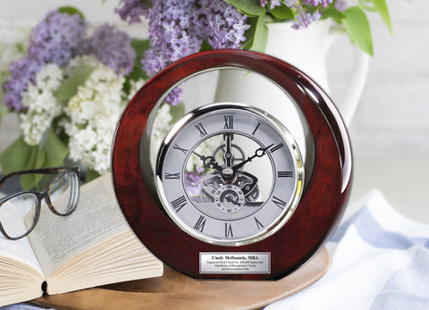 Executive Engraved Silver Gear Da Vinci Marquee Dark Cherry Personalized Desk Clock Employee Recognition Service Award Wedding Anniversary Desk Clock Retirement Coworker Boss Colleague