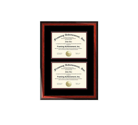 Double Diploma Frame Double Degree Plaque Two College Certificates Satin Rich Mahogany Top mat Black Inner matted Maroon Dual Document