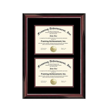 College Dual Diploma Frame Two Degree Double Certificate Plaque Glossy Traditional Mahogany Top mat Black Inner matted Maroon University