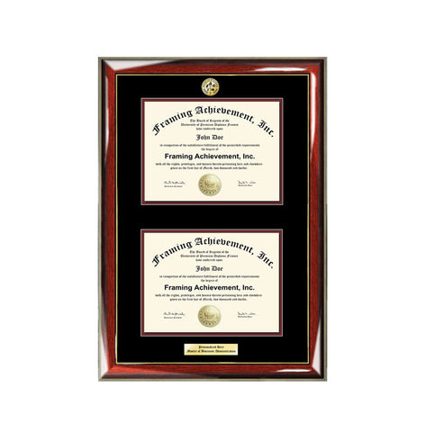 Graduation Dual Degree Diploma Frame Engraved University Major Logo Glossy Prestige Mahogany Gold Accents Top mat Black Inner matted Maroon