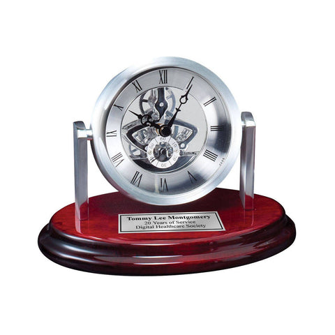 Engraved Desk Clock Da Vinci Gear Dial on Cherry Base with Silver Engraving Plate. Personalized Retirement Gift Anniversary Wedding Service