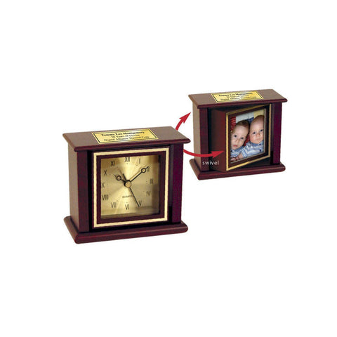 Personalized Mahogany Swivel Picture Frame Clock with 3x3 photo and Gold Engraving Plate Engraved Retirement Anniversary Wedding Gift