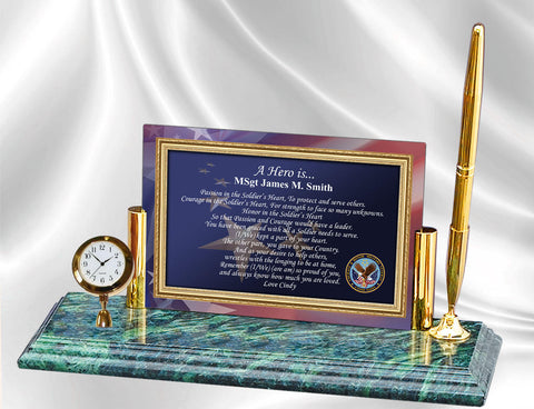 Personalized Military Gift Poetry Mini Clock Pen Marble Base Retirement Gift Promotion uscg USMC USN Navy Army Air Force USAF Marines Vet