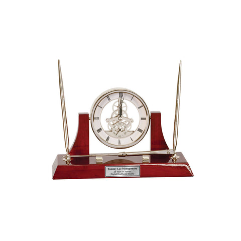 Engraved Clock Dual Pen Set Da Vinci Dial, Silver Letter Opening and Engraving Plate Unique Retirement Gift Executive Boss Service Award