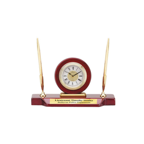 Engraved Double Pen Set Clock Cherry Wood Base Personalized Retirement Executive Graduation Coworker Boss Service Award Recognition Award