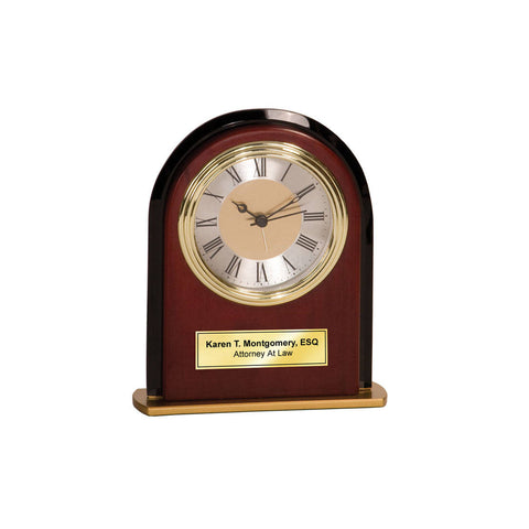 Personalized Black Glass Panel Wood Arch Mahogany Desk Clock with Gold Engraving Plate. Personalized Retiree Coworker Recognition Gift