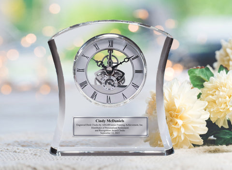 Engraved Clock Crystal Curve Retirement Desk Award Recognition Sleek Table Shelf Clock with Da Vinci Dial and Silver Engraving Plate Wedding