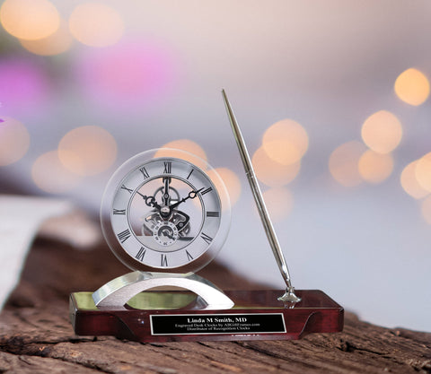 Luxury Desk Name Plate Custom Business Professional Clear Clock Case Silver Gear Display Pen Black Graduation Coworker Friend Boss Gift