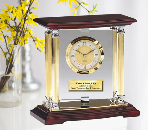 Pivoting Glass Mantle Desk Clock with Gold Silver Columns Mounted Cherry Wood Base Gold Engraving Plate Wedding Gift Anniversary Retirement