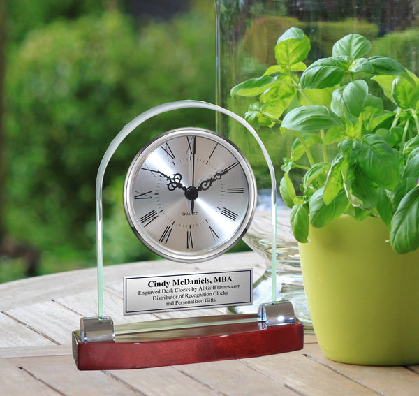 Personalized Desk Clock Beveled Glass Arch Clock with Silver Chrome Ac