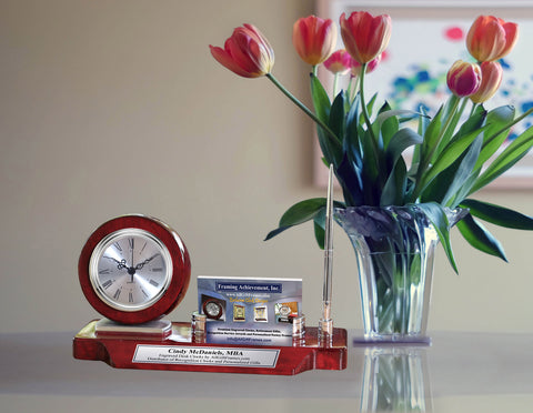 Personalized Desk Name Plate Desk Clock Business Card Holder Case Display Silver Pen on Cherry Wood Desktop Stand Graduation Gift Corporate Promotion Executive Employee Award