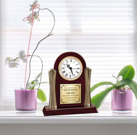 Unique Top Selling Engraved Desk Clock Etched Gold Engraving Arch Wooden Metal Accent Column Business Gift Company Best Birthday Love Spouse