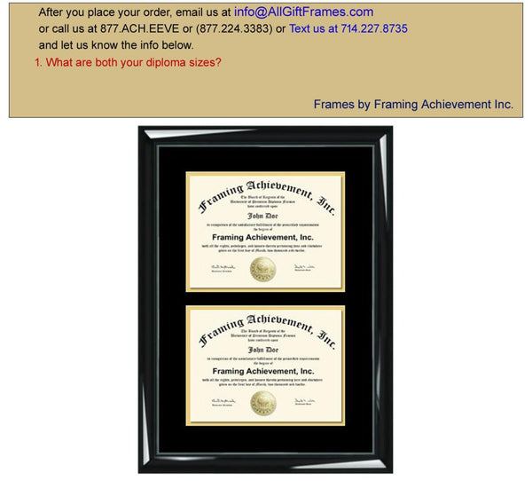 Double Diploma Frame Dual Certificate Frames Two Document Glossy Majestic Black Inner matted Gold Plaque University College Degree Framing