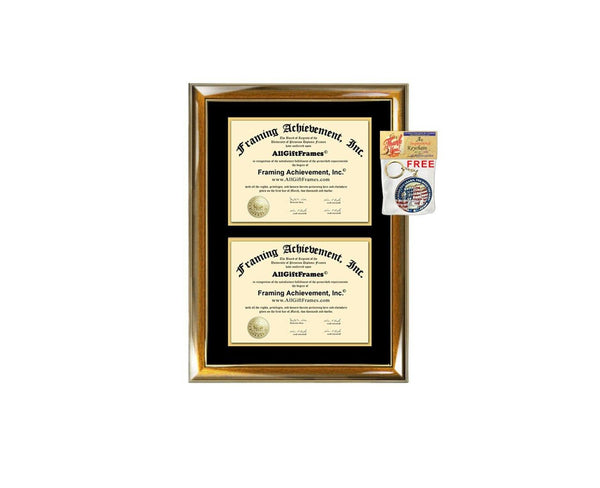 Two Document Frame Double Diploma Holder Glossy Walnut Gold Wood Certificate University State Board License Degree Graduate Gift College