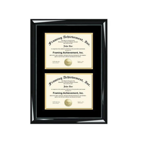 Double Diploma Frame Dual Certificate Frames Two Document Glossy Majestic Black Inner matted Gold Plaque University College Degree Framing