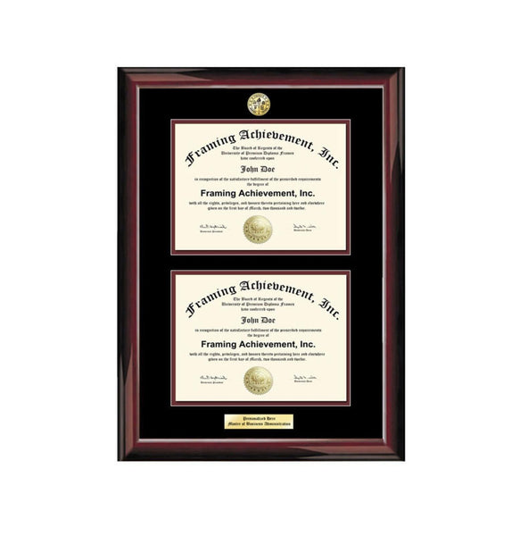 Double University Frame Two Diploma Graduation Engraved College Major Logo Glossy Traditional Mahogany Top mat Black Inner matted Maroon