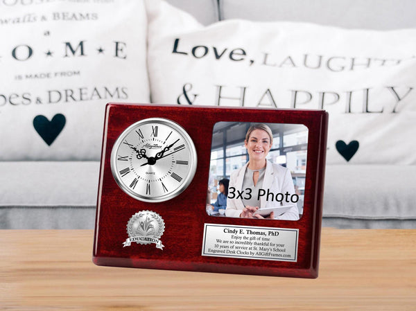 School graduation educator gift engrave desk teacher picture frame clock photo