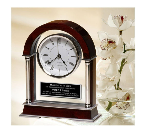 Arch Wood Column Glass Mantel Engraved Desk Clock Employee Gift Anniversary Etch