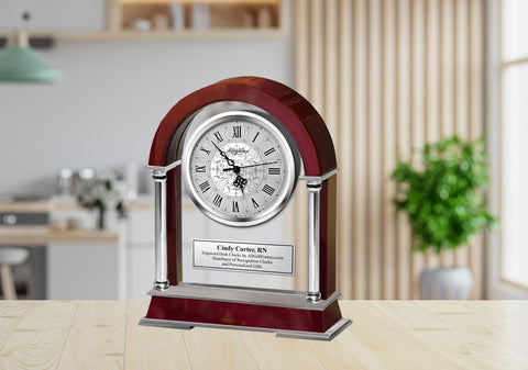 Large Arch Cherry Mantle Clock with Chrome Columns and Engraving Plate Anniversary Employee Retirement Wedding Gift Engraved Clock Award