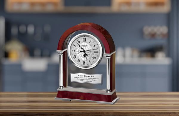 Large Arch Cherry Mantle Clock with Chrome Columns and Engraving Plate Anniversary Employee Retirement Wedding Gift Engraved Clock Award