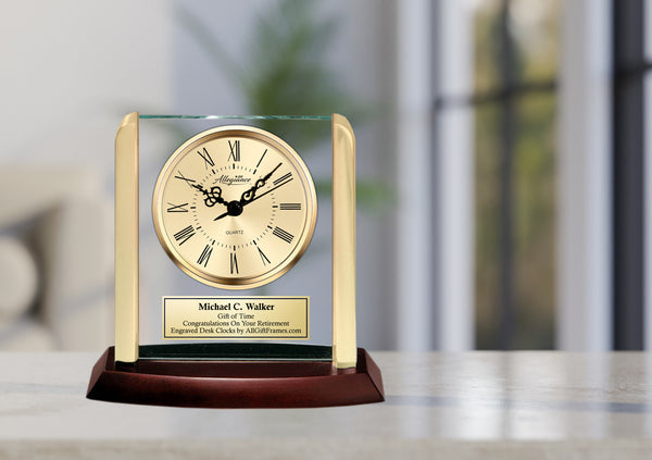 Personalized clock gold post suspended glass panel engraved plaque coworker service award retirement gift boss graduation gift graduate