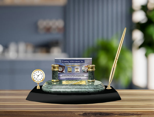 Personalized Marble Desk Mini Clock Pen Set Marble Business Card Executive Gift Engraved Employee Promotion Graduation Card Holder Nameplate