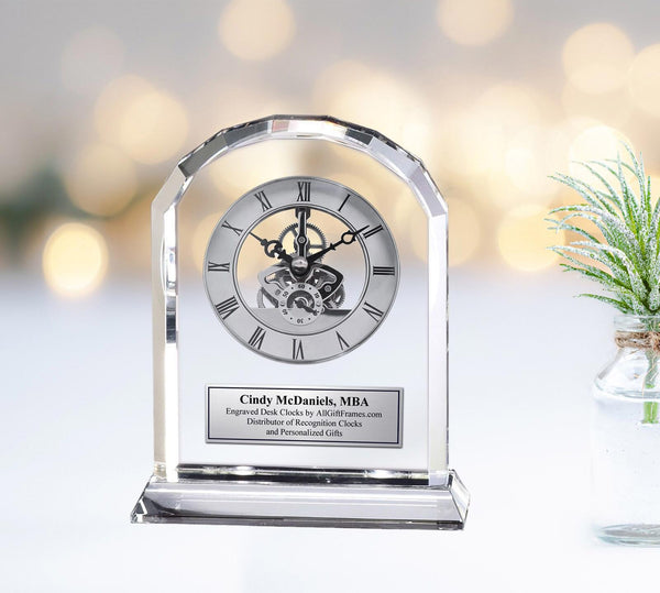 Engraved Diamond Cut Crystal Desk Clock Retirement Gift Coworker Employee Boss
