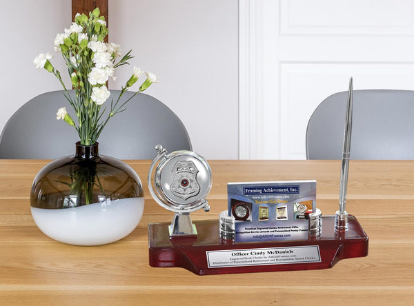 Law enforcement name desk clock pen set nameplate card holder academy graduation